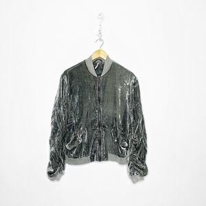 FREE PEOPLE Ruched VELVET Bomber Jacket Gray full zip WOMENS S small